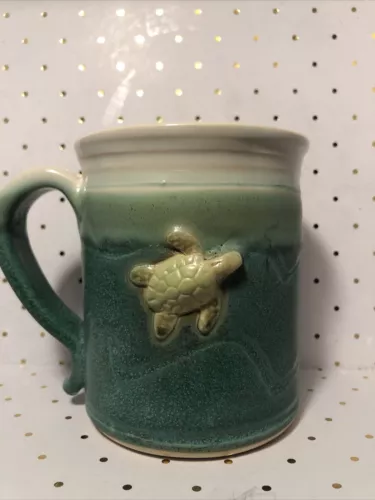 Pottery Art 3D Sea Life Ocean Green Sea Turtle Coffee Mug Cup Signed