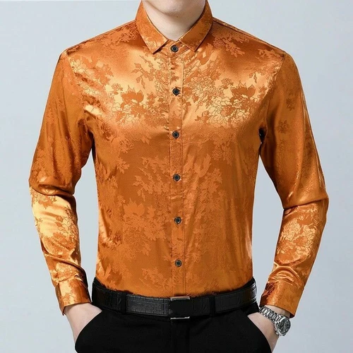 Men Silk Satin Flower Dress Shirt Fit Business Formal Long Sleeve Loose Top New - Picture 6 of 17