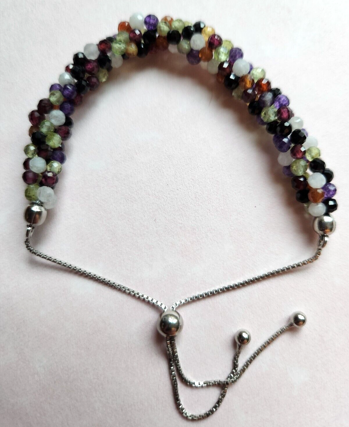 925 Sterling Silver 4-Strand Adjustable Gemstone Bolo Bracelet 9.5 Inches