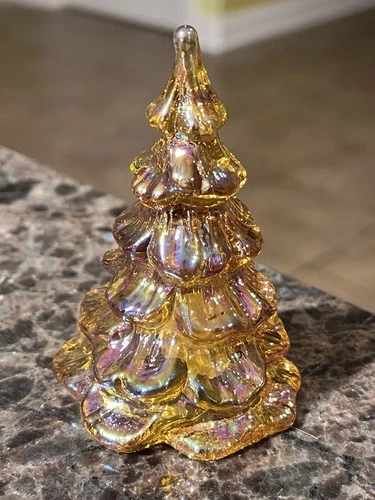 Fenton Iridescent Amber Christmas Tree 3” Carnival Glass w/ Label Excellent