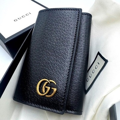Gucci GG Marmont Black Leather Key Case 6 Ring Holder Gold Logo Auth