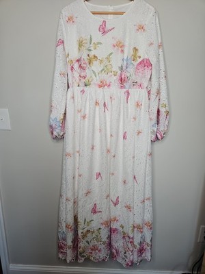 Shein Modely Dress Women XL White Floral Butterfly Maxi Eyelet Cottage Prairie 
