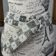 Vintage Checked Heavily Beaded Silver And Pearl Round Buckle Bling Belt Size 36