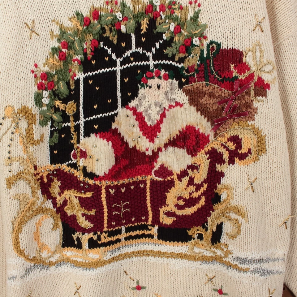 De colección Años 90 MAGGIE LAWRENCE Fea Navidad Santa Trineo Ramio Algodón Suéter GRANDE Foto 2 de 4