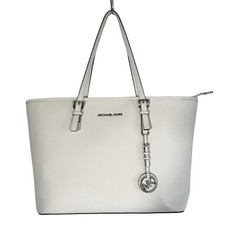 Michael Kors White Tote Saffiano Leather Silver Hardware With Hanging Logo Charm
