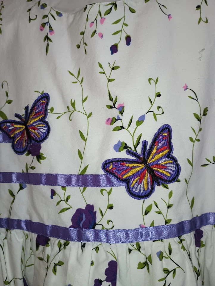 Vestido soleado de moda para niñas talla 7/8 púrpura flores y mariposas Foto 3 de 4