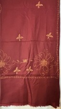 Brand New Handmade Pakistani Scarf/ Shawl Cranberry Embroidered With Fringe