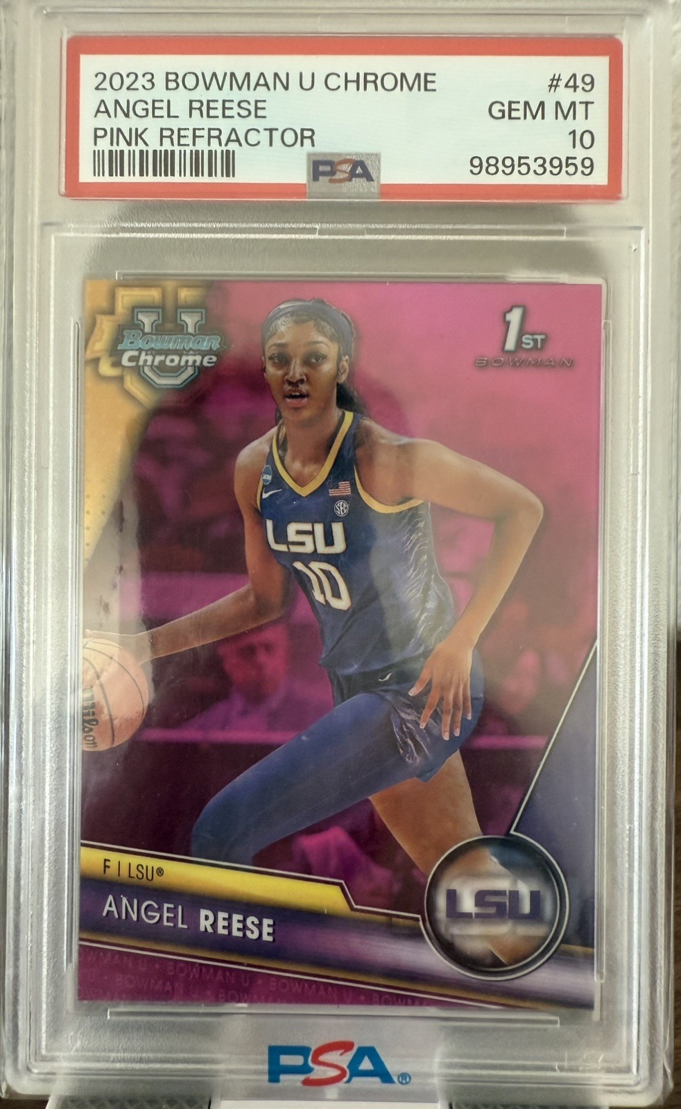 Angel Reese 2023 Bowman U Chrome 1st Pink Refractor #49 Rookie RC PSA 10 Gem