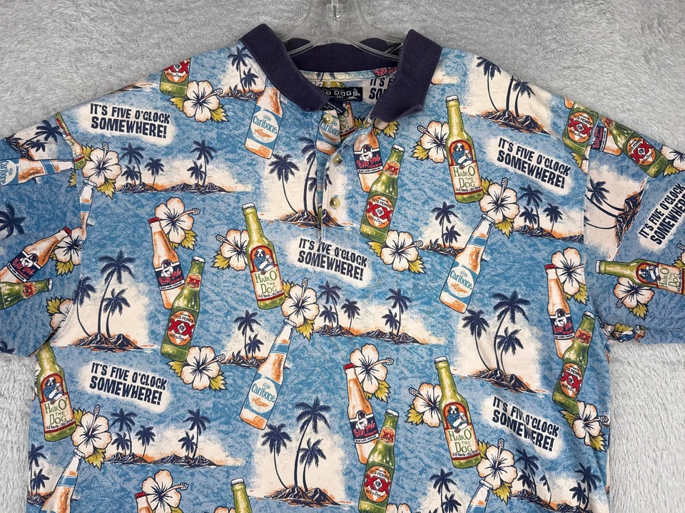ВИНТАЖНЫЙ большой собак рубашка-поло взрослых 2XL XXL синий цветочный пиво ладони хлопок гавайский - Изображение 4 из 4