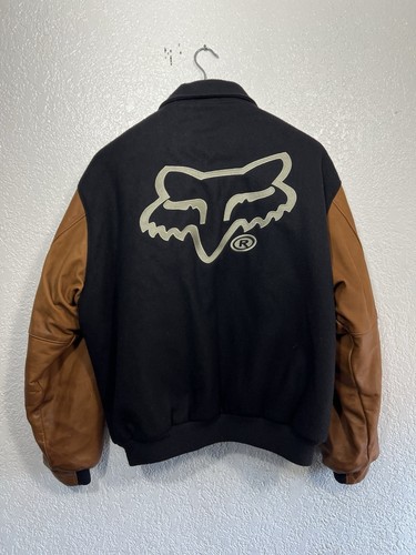 RARE veste vintage renard course laine cuir Varsity Staff bombardier noir et marron 2XL