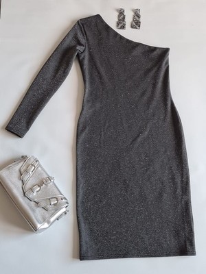 Warehouse One-Shoulder Kleid in Grau/Silber Abend Party Disco 38 (UK 12)