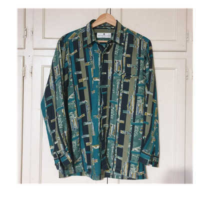 Pierre Balmain Geometric Pattern Button-Up Shirt Green Blue Long Sleeve Size L