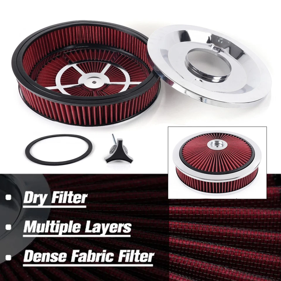 High Flow 14"x3" Red Round Thru Washable Air Cleaner w/ Chrome Lid For SBC BBC - Image 2 of 4