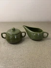 Bauer Brusche Pottery Al Fresco Olive Creamer & Sugar Set With Lid/Handles Vtg