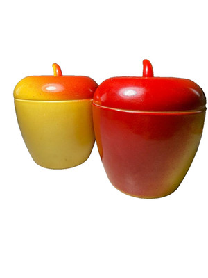 2- Vintage Apple Jam Jar -Milk Glass W/ Lid 1950s Hazel Atlas