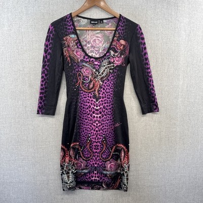 Just Cavalli Mini Dress Size 38 Purple Leopard Printed Stretch Knit Long Sleeve