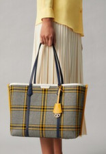 NWT Tory Burch Perry Plaid Triple Compartment Tote Yellow And Navy MSRP 448