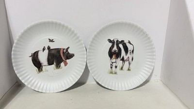 180 Degrees Farm Animal Melamine Plates Pig Cow Set of 2 Country Farmhouse