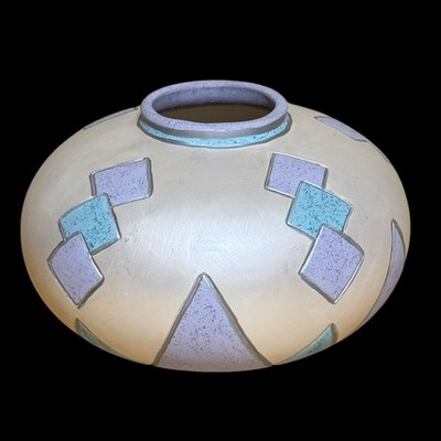 Southwestern Pottery Vase Signed  Fethler  Hand-Decorated Geometric Pastel 80s