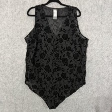 Torrid Flocked Mesh Bodysuit Womens 5 Black Rose Sheer V Neck Plus Size Floral