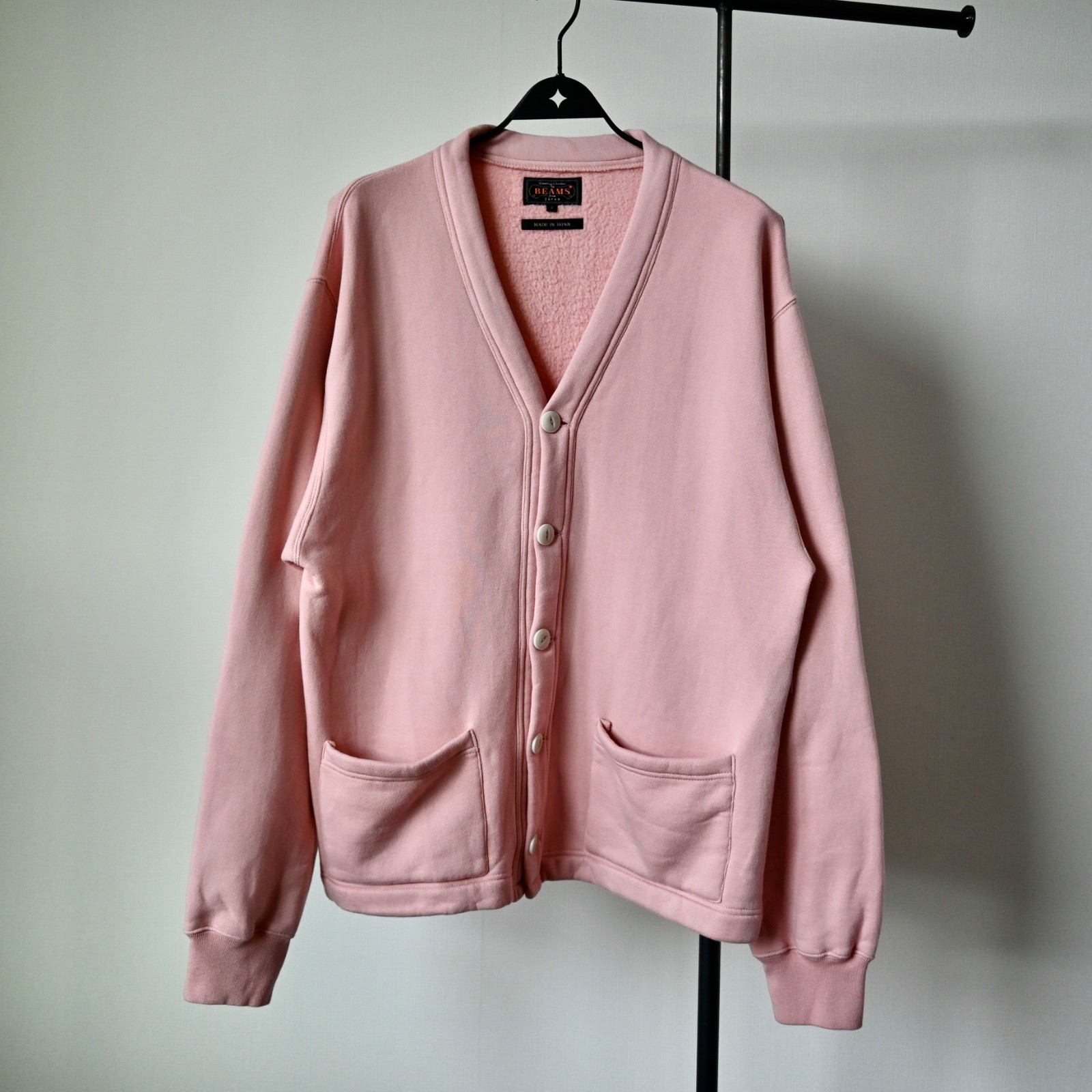 BEAMS Plus soft-fleeced sweat V cardigan, light pink, made in Japan,  size L