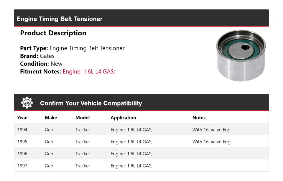 Para 1994-1997 Geo Tracker 1.6L L4 Motor Gas Correa Tensora Puertas 1995 Foto 2 de 4