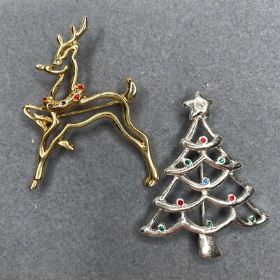 Lot of 2 Marked AAI Vintage Christmas Pins Brooch Tree And Deer Silver And Gold