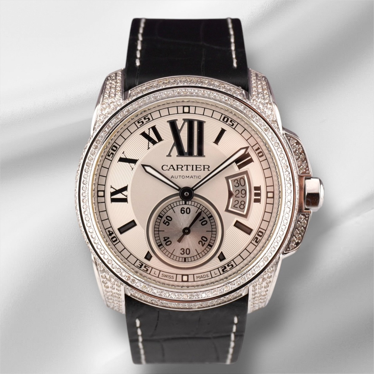 Cartier Calibre 42mm Men's Steel Watch White Dial Iced 2.5ct