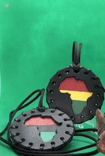 Genuine African Handmade Leather Medallion Necklace Red, Black, Yellow, Green