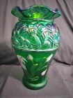 FENTON HANDPAINTED FLORAL EMERALD GREEN SIGNED VASE