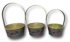 Christmas Baskets Nesting Planters Metal Set 3 Holly Berries Holiday Home Décor