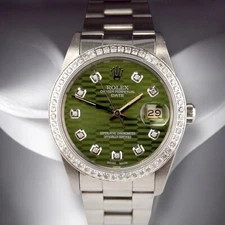 Rolex Date 34mm Ladies 1ct Green Motif Diamond Dial Steel Oyster Watch 15000