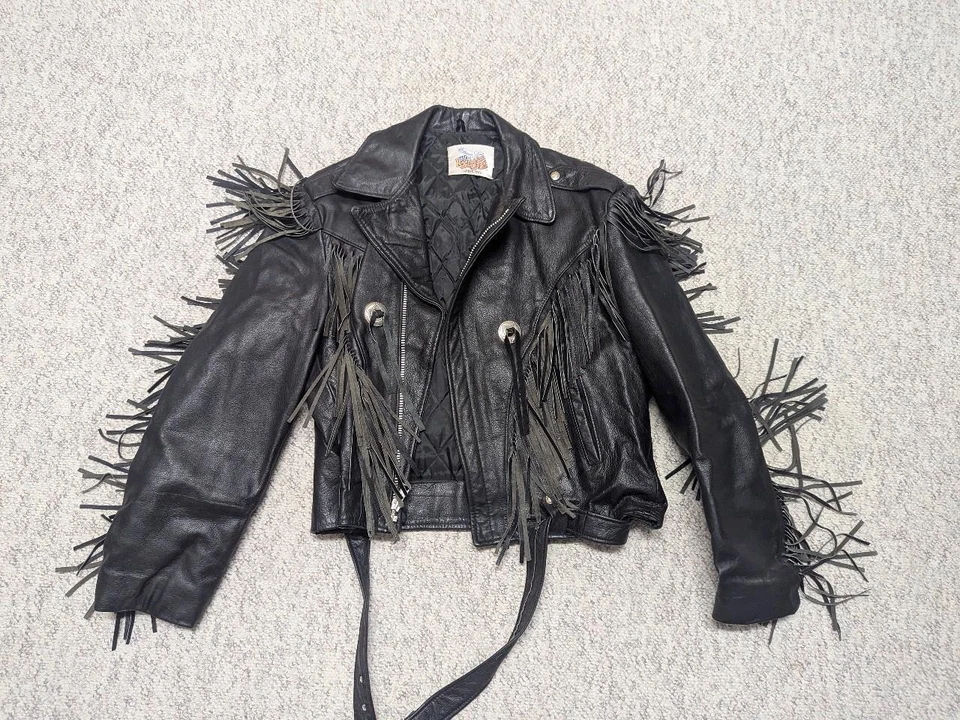 vintage USA made FRINGE motorcycle jacket 46 black leather XL western EXCELLED - Image 3 of 4