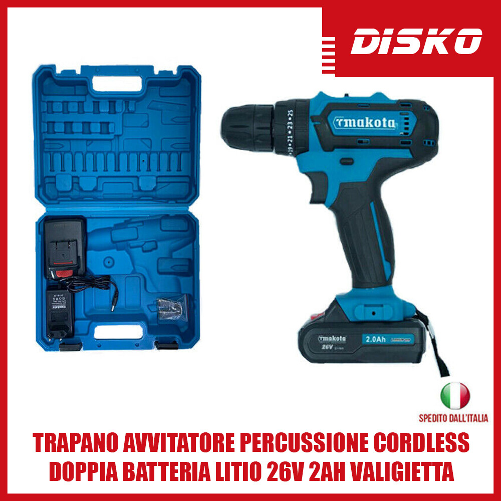 TRAPANO AVVITATORE PERCUSSIONE CORDLESS DOPPIA BATTERIA LITIO 26V 2AH VALIGIETTA
