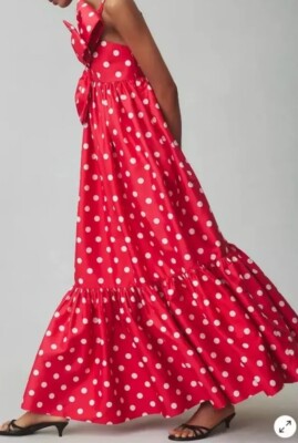 Anthropologie Red Polka Dot Dress Big Bow Maxi $248 Boho  display picture 3