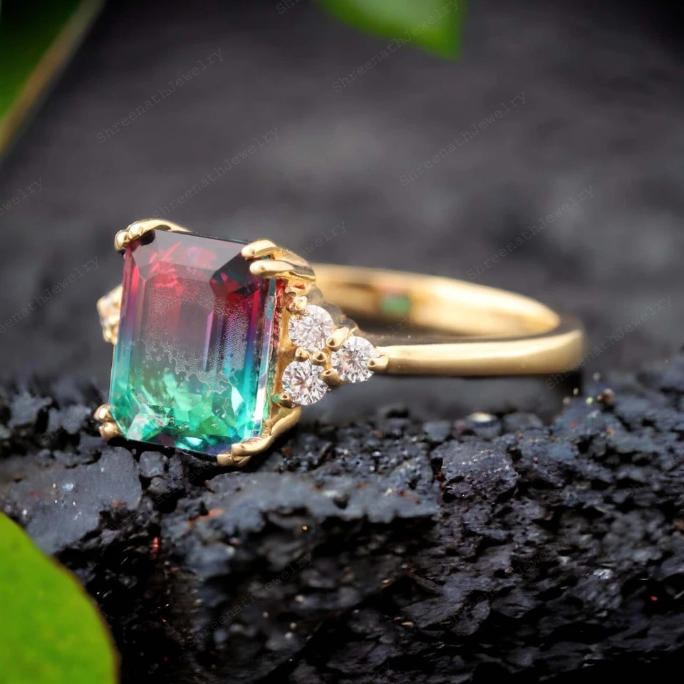 9k Solid Gold 8x6MM Emerald Shape Natural Watermelon Tourmaline Ring - Image 3 of 3