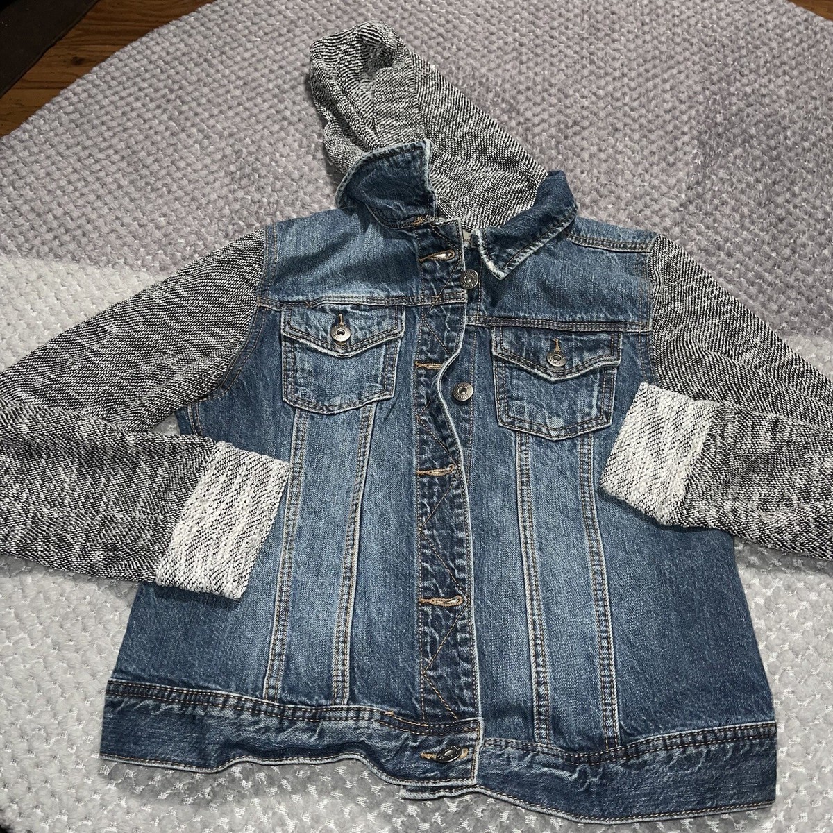 Blue Jean Vest With Terry Sleeves Denim Hooded Sweatshirt Jean