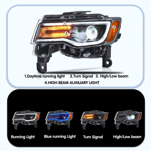 VLAND Full LED Headlights Fit 2014-22 Jeep Grand Cherokee Blue DRL Start-up Set - Picture 5 of 9