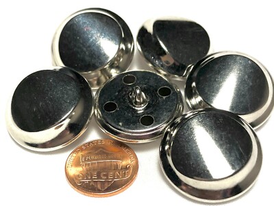 6 NOS Large Hollow Polished Shiny Silver Tone Metal Shank Buttons 1 '' 25mm 12630