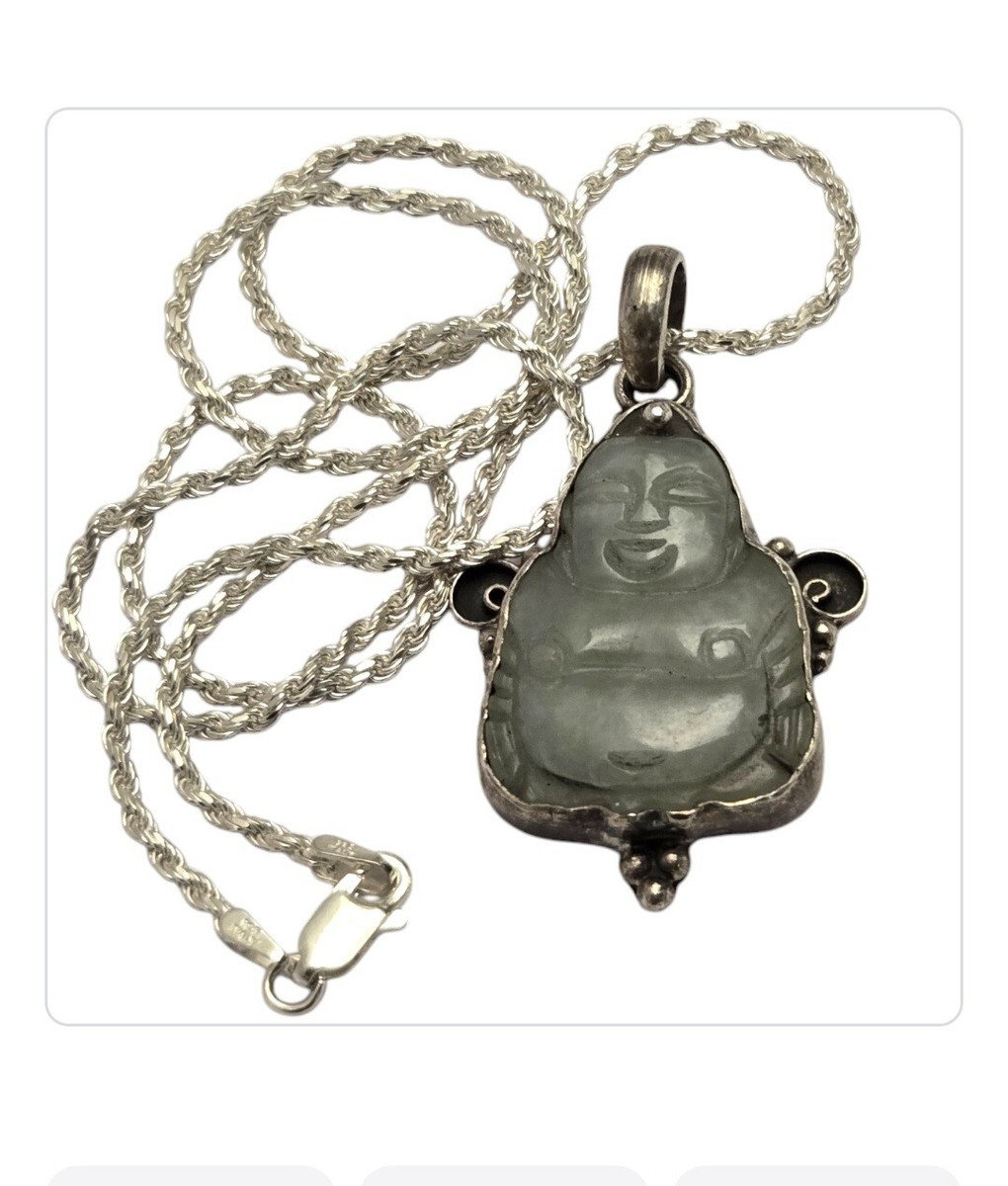 Art Deco Jade Fat Smiling Buddha Pendant Sterling Silver