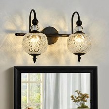 Vintage Black Bathroom Light Fixture with Glass Globe - 2-Light Wall Sconce