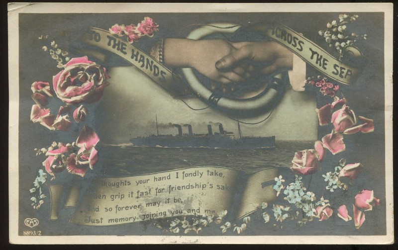The Hands Across the Sea. E.A. Schwerdtfeger Real Photo Postcard. 1914 cancel