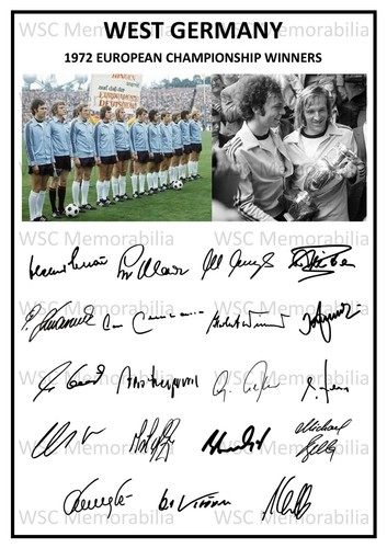12725. West Germany Euro 1972 Signed Team Picture Sheet (PRINTED AUTOGRAPHS) A4