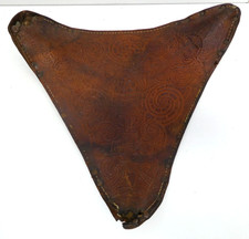 VINTAGE MAORI TOOLED LEATHER TRIBAL MOTIF DESIGN TRIPOD FOLDING STOOL SEAT COVER