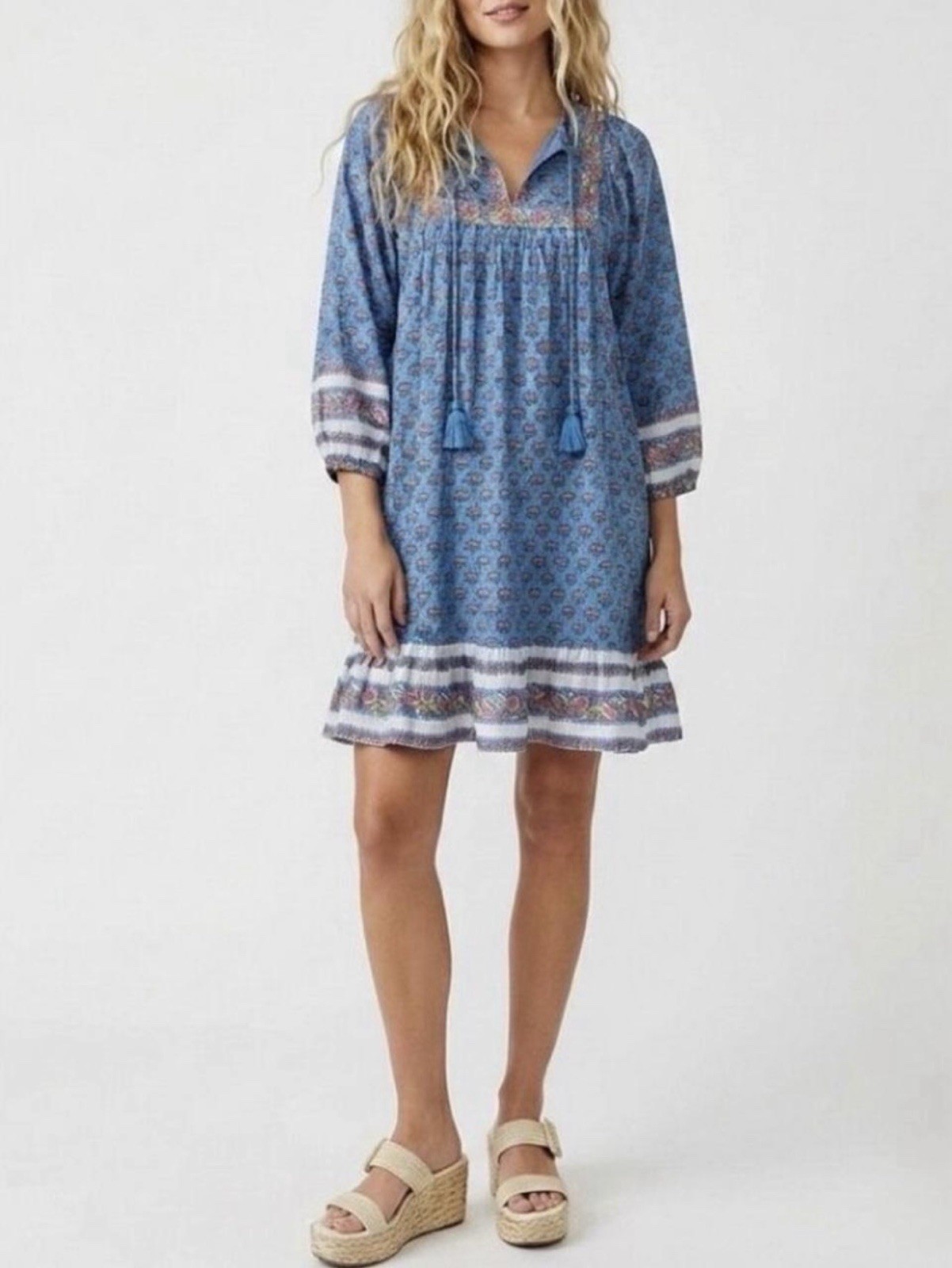 Cleobella Magdalena blue floral printed mini tunic dress, Size small 100% cotton