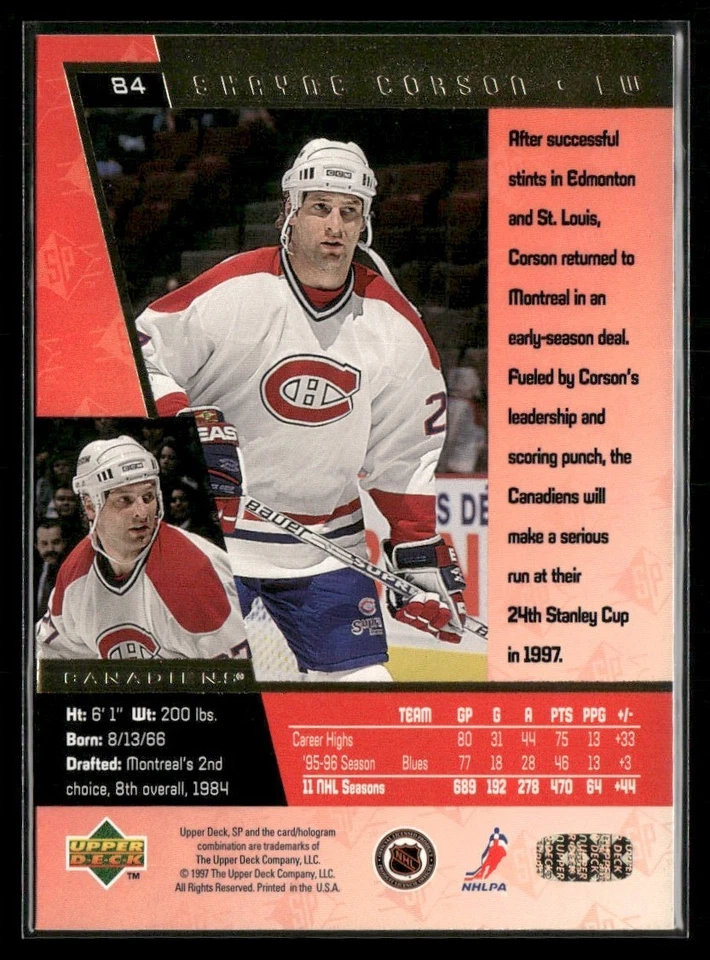 1996-97 UPPER DECK SP SHAYNE CORSON MONTREAL CANADIENS #84 - Image 2 of 3