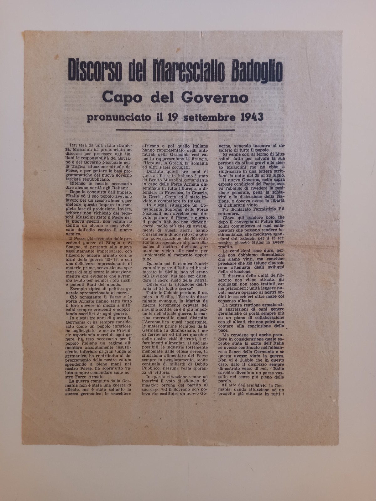 DISCORSO MARESCIALLO BADOGLIO 19 SETTEMBRE 1943 VOLANTINO WWII RESISTENZA