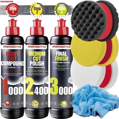 Politur Set menzerna HCC 1000 MCP 2400 FF 3000 + WAX PADS + Microfasertuch