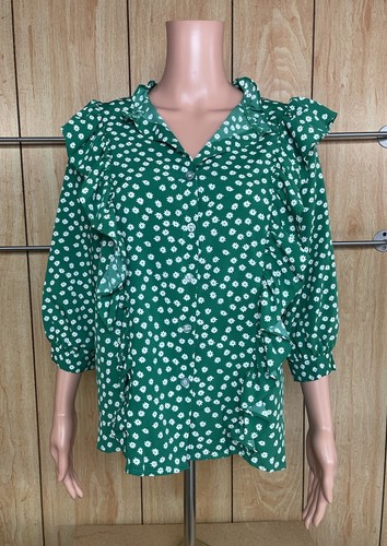 Source Unknown Green Floral  Floral Ruffle 3/4 Length Button Down Blouse Small