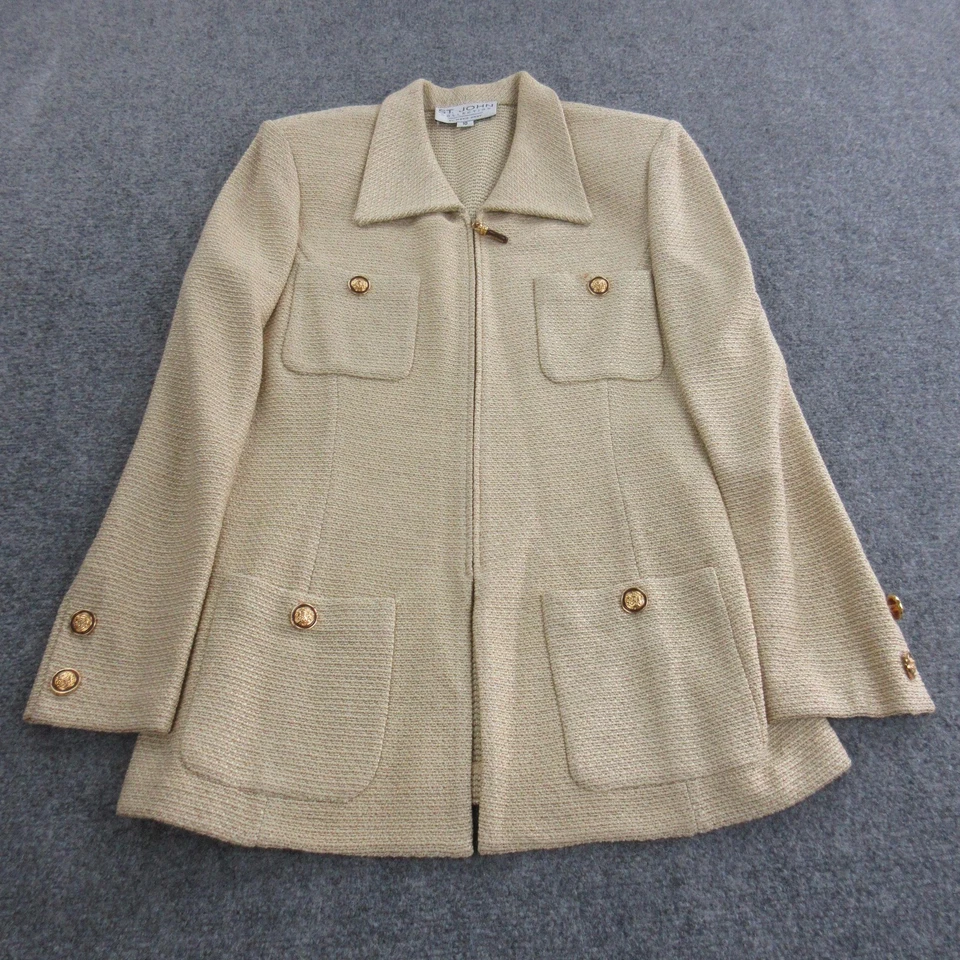 Conjunto de traje falda colección St. John para mujer 10 8 beige chaqueta tejida botones dorados Foto 3 de 4